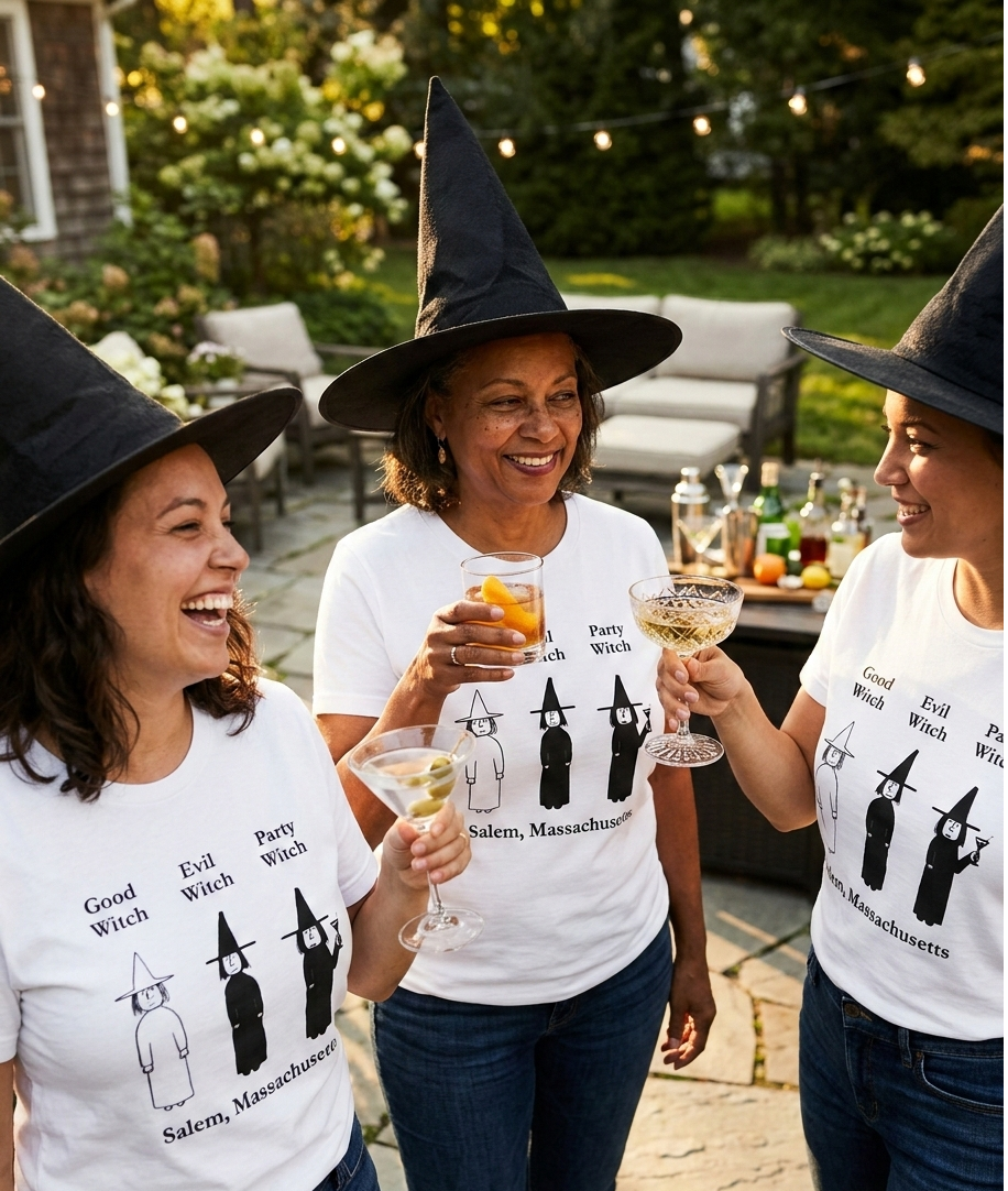 Good Witch, Evil Witch, Party Witch. Salem, Massachusetts. White, Gildan, short-sleeved, cotton t-shirt.