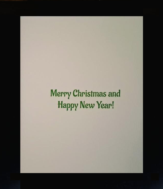 Christmas in Salem. Witches flying on candy canes. Merry Christmas and Happy New Year! 4 1/2" x 5 3/4" Greeting Card.