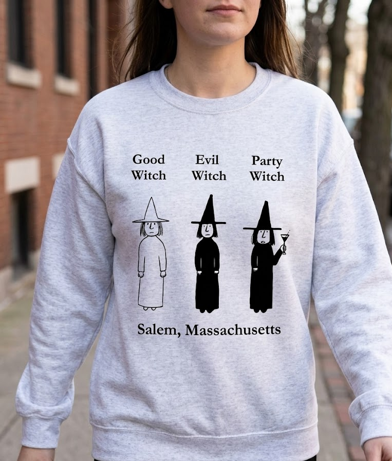 Good Witch, Evil Witch, Party Witch, Salem, Massachusetts. Ash Gray, Heavy Blend, Gildan Sweatshirt.