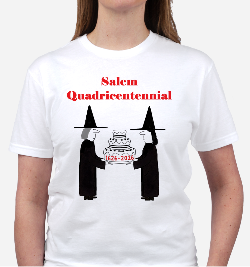 Salem Quadricentennial 1626-2026 White, Gildan, 100% cotton, short-sleeved t-shirt.