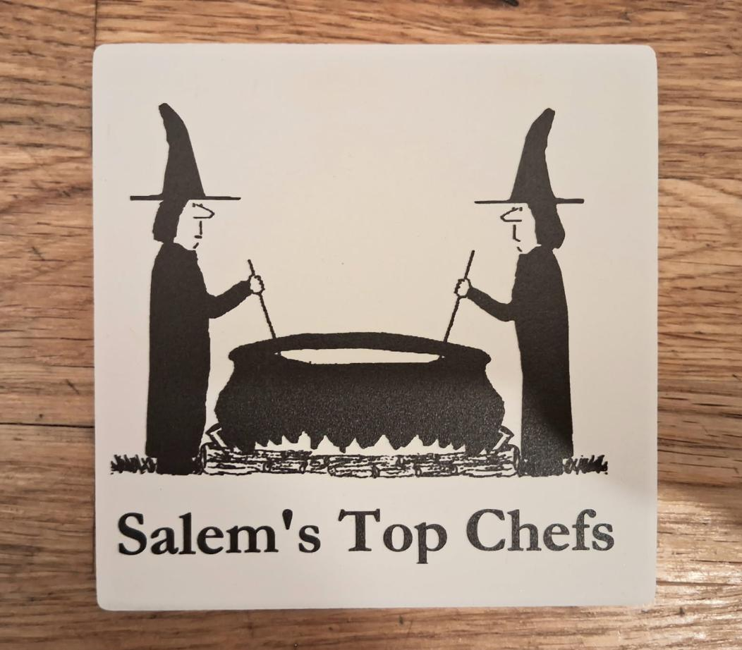 Salem's Top Chefs. White, ceramic coaster with cork bottom.
