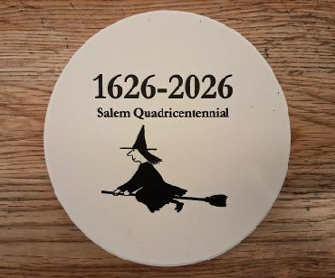 1626-2026 Salem Quadricentennial. White, ceramic coaster with cork bottom.