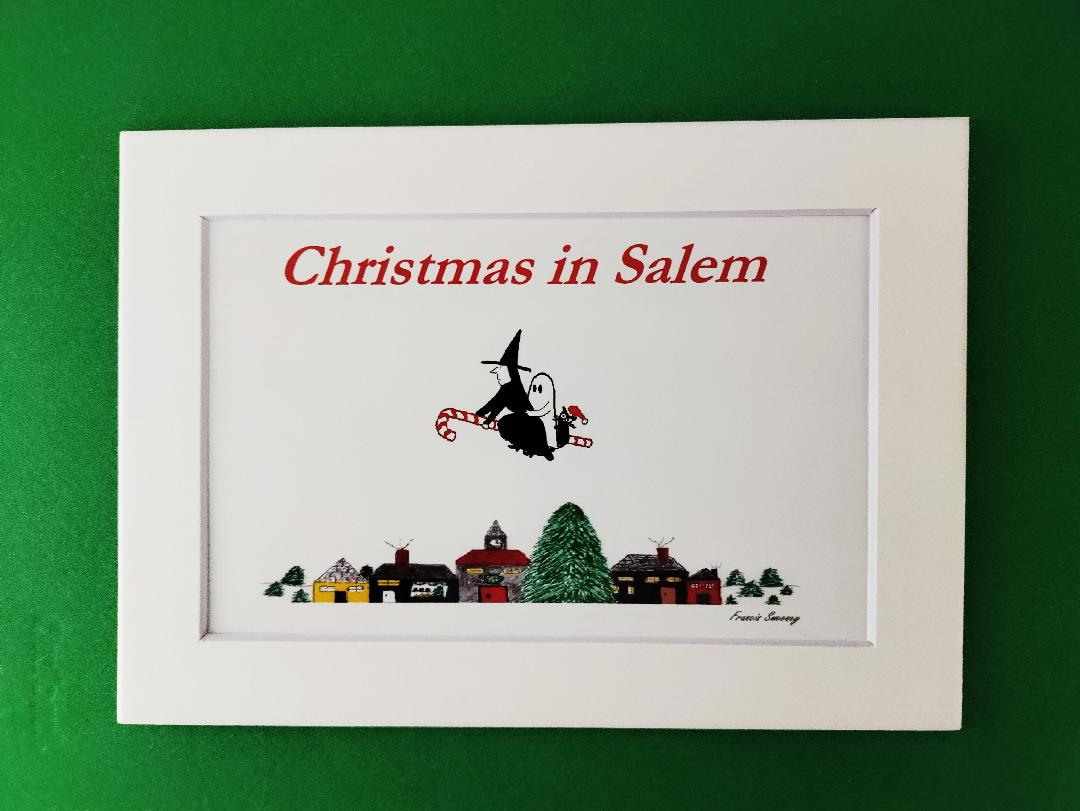 Christmas in Salem. "Witch, Ghost and Black Cat flying on Candy Cane. 5x7 White, matted cartoon print.