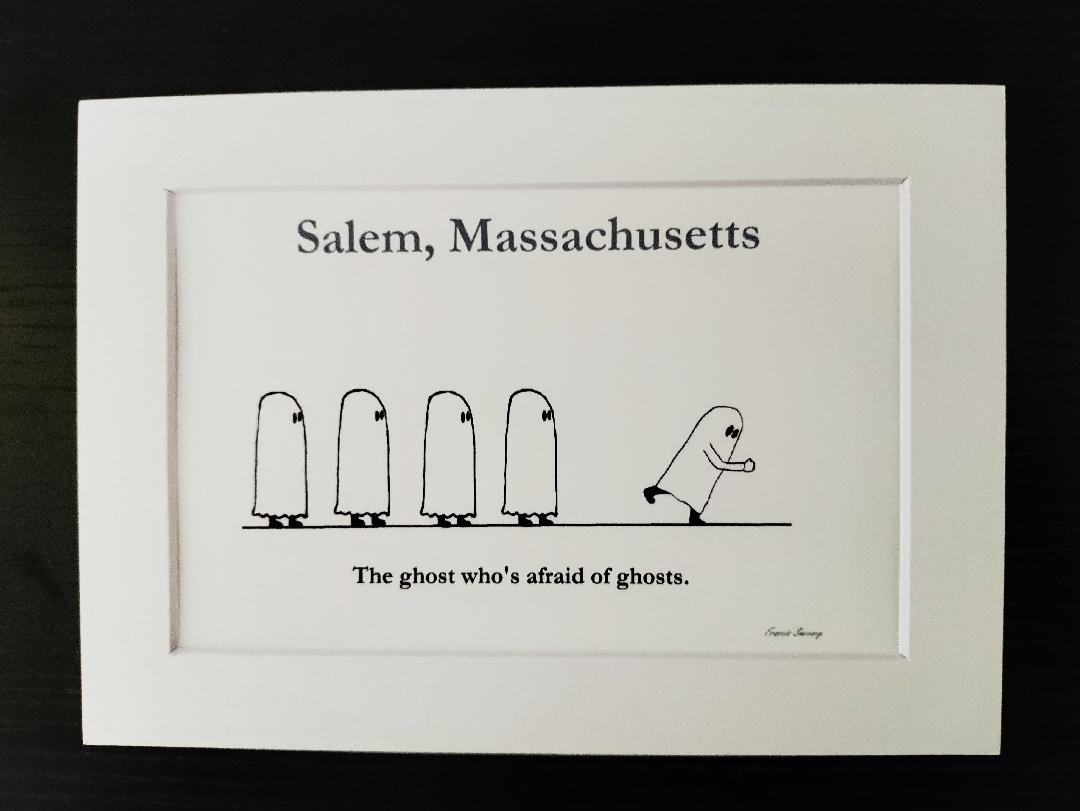 "The ghost who's afraid of ghosts." 5x7 White, matted cartoon print.