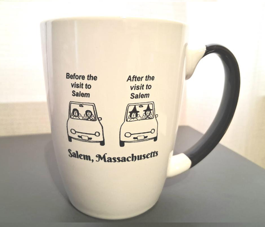 "Before the visit to Salem" "After the visit to Salem" White, ceramic, 12oz coffee mug with black handle and interior.
