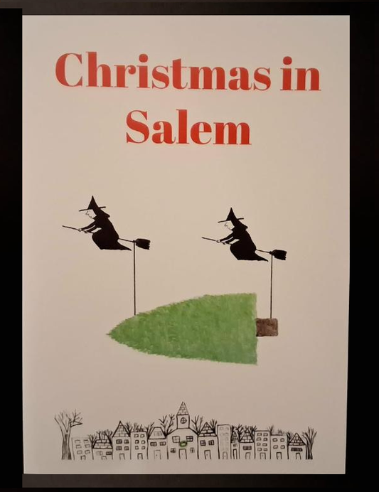 Christmas in Salem. Two witches flying with Christmas tree. Merry Christmas and Happy New Year! Greeting card 5'w x 7"h. Pack of six cards.