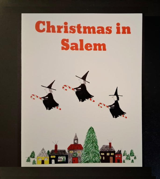 Christmas in Salem. Witches flying on candy canes. Merry Christmas and Happy New Year! 4 1/2" x 5 3/4" Greeting Card.