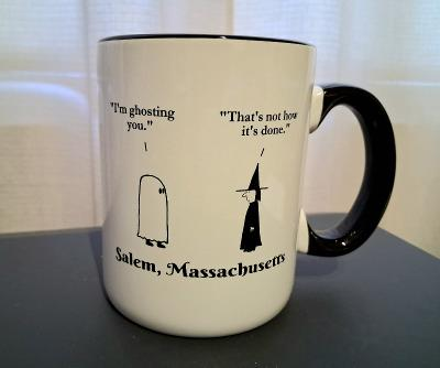"I'm ghosting you." "That's not how it's done." White, ceramic, 12oz coffee mug with black handle and white interior.