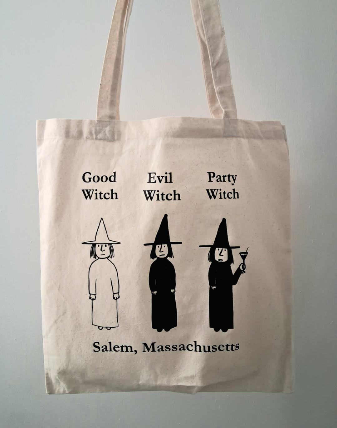 Good Witch Evil Witch Party Witch Salem, Massachusetts. Cotton sheeting, natural tote bag.