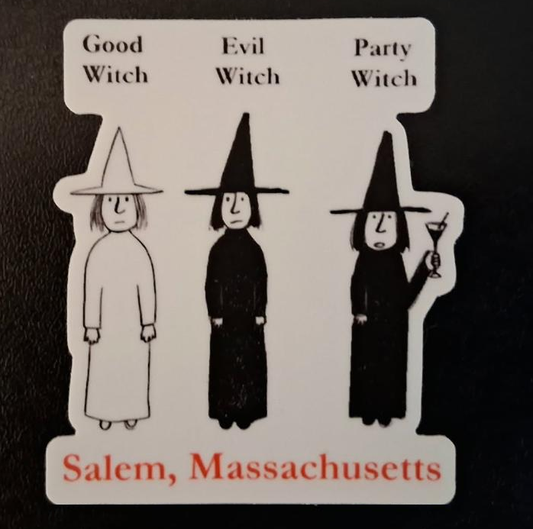 Good Witch - Evil Witch - Party Witch - Salem, Massachusetts. Die cut vinyl sticker. 3"H x 2 1/2"W