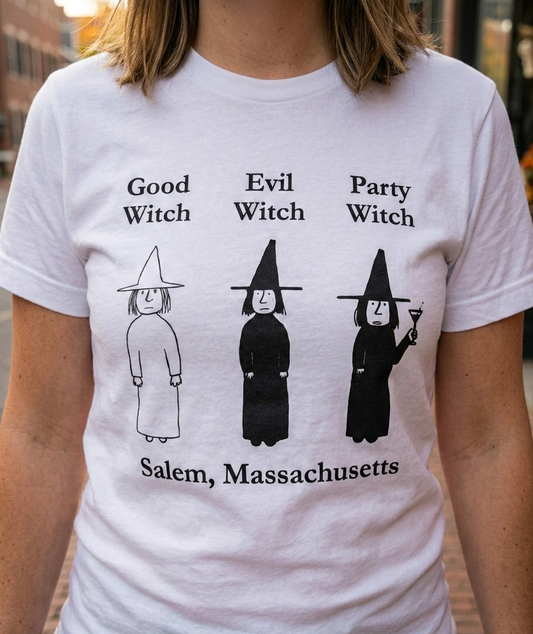 Good Witch, Evil Witch, Party Witch. Salem, Massachusetts. White, Gildan, short-sleeved, cotton t-shirt.