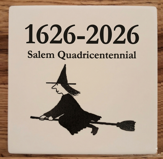 1626-2026 Salem Quadricentennial. White, ceramic coaster with cork bottom.