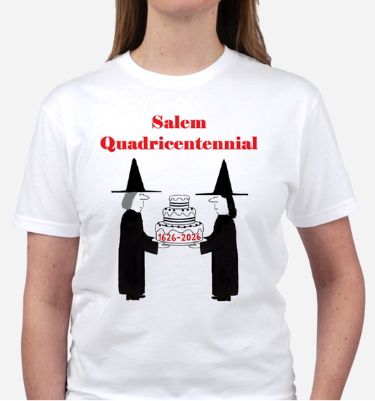 Salem Quadricentennial 1626-2026 White, Gildan, 100% cotton, short-sleeved t-shirt.