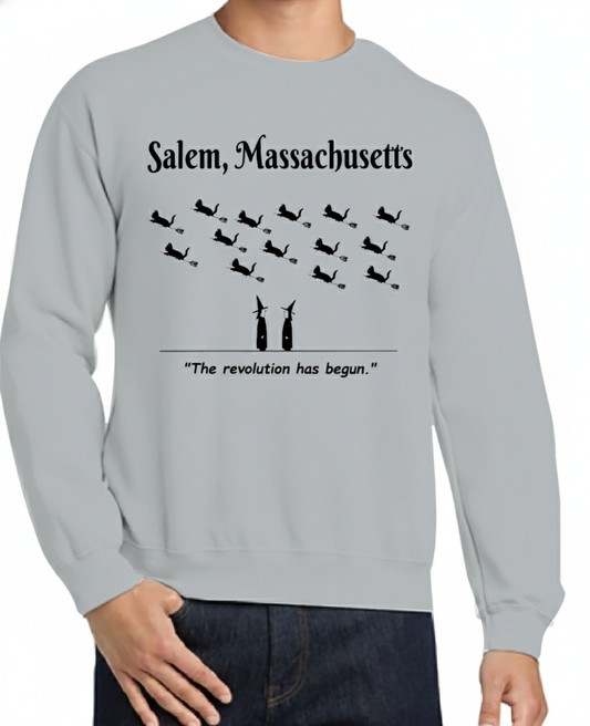 Salem, Massachusetts "The revolution has begun." Ash Gray, Heavy Blend, Gildan Sweatshirt.