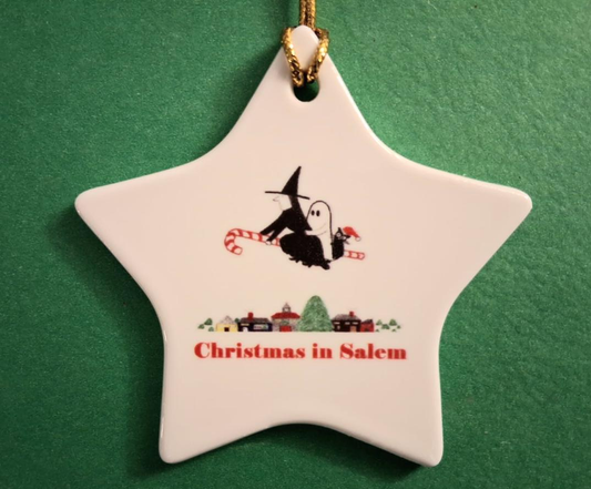 Christmas in Salem. "Witch, Ghost and Cat on Candy Cane." Ceramic Ornament