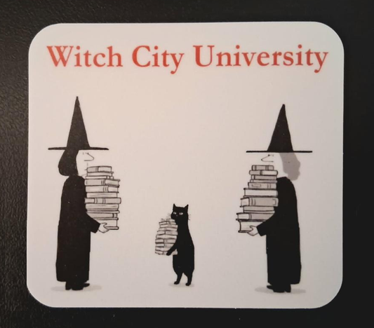 Witch City University. Die cut vinyl sticker 2 3/4"H x 3"W