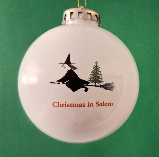 Christmas in Salem. White, Full Color, Round, Glossy Plastic, Shatterproof Ornament in a decorative box that says, "Happy Holidays!"