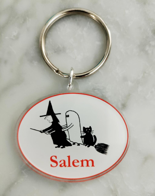"Witch, Ghost and Cat on Broom." Key chain.