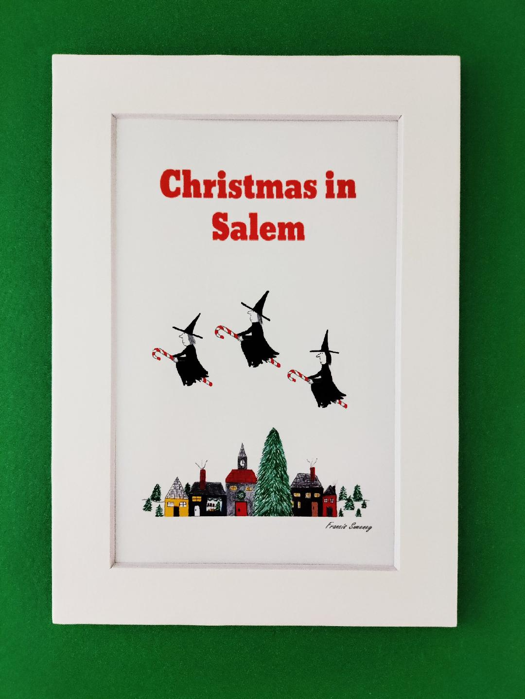 Christmas in Salem. "Witches flying on candy canes." 5x7 White, matted cartoon print.