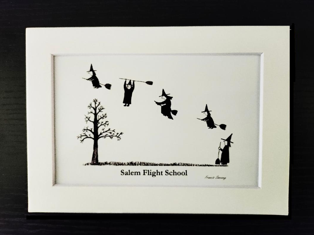 "Salem Flight School." 5x7 White, matted cartoon print.