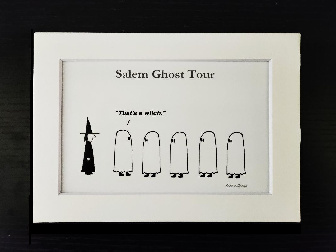 "Salem Ghost Tour."  5x7 White, matted cartoon Print