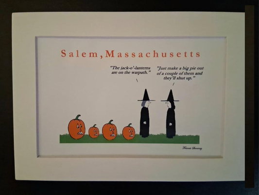 "The jack-o'-lanterns are on the warpath." "Just make a big pie out of a couple of them and they'll shut up." 5x7 White, matted print.