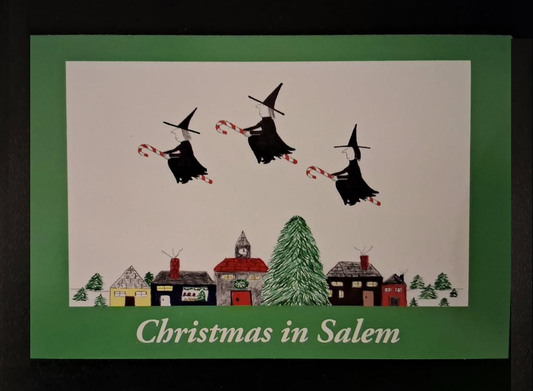 Christmas in Salem. Merry Christmas and Happy New Year! Package of 10 postcards featuring three witches flying on candy canes.
