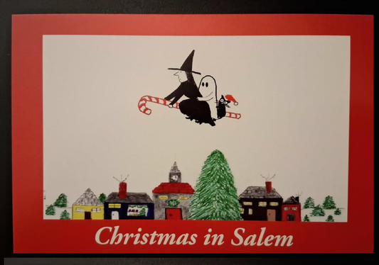 Christmas in Salem. Merry Christmas and Happy New Year!  Package of 10 postcards featuring a witch, a ghost and a cat flying on a candy cane.